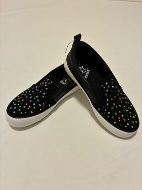 art class Black Slip-Ons with Colorful Gem Accents